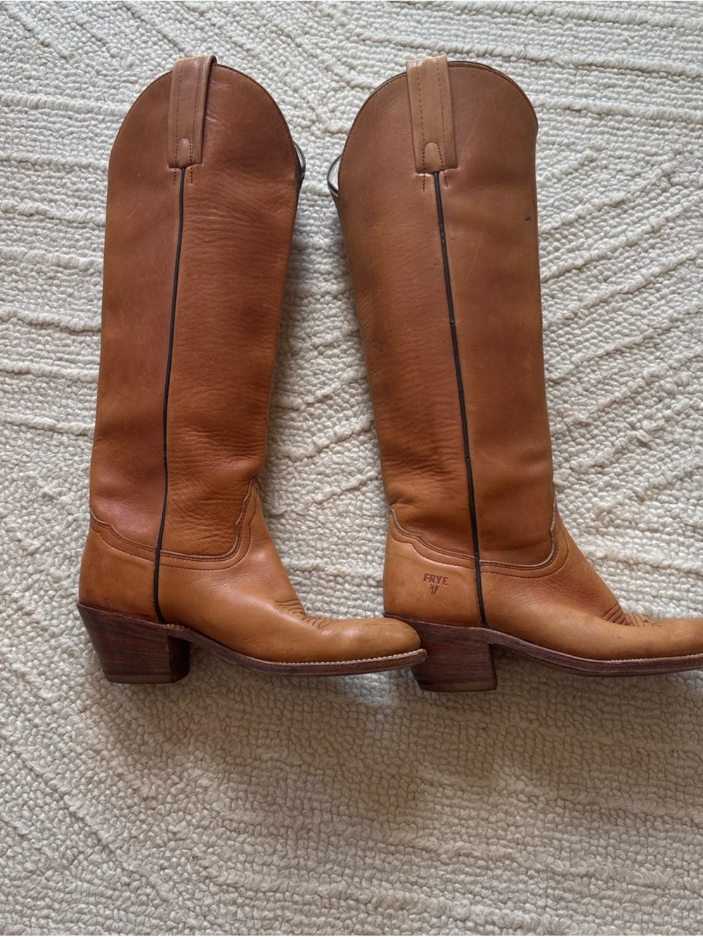 Frye Leather Western Cowboy Boots Tan Cognac Pointed Toe Tall Shaft Stacked Heel